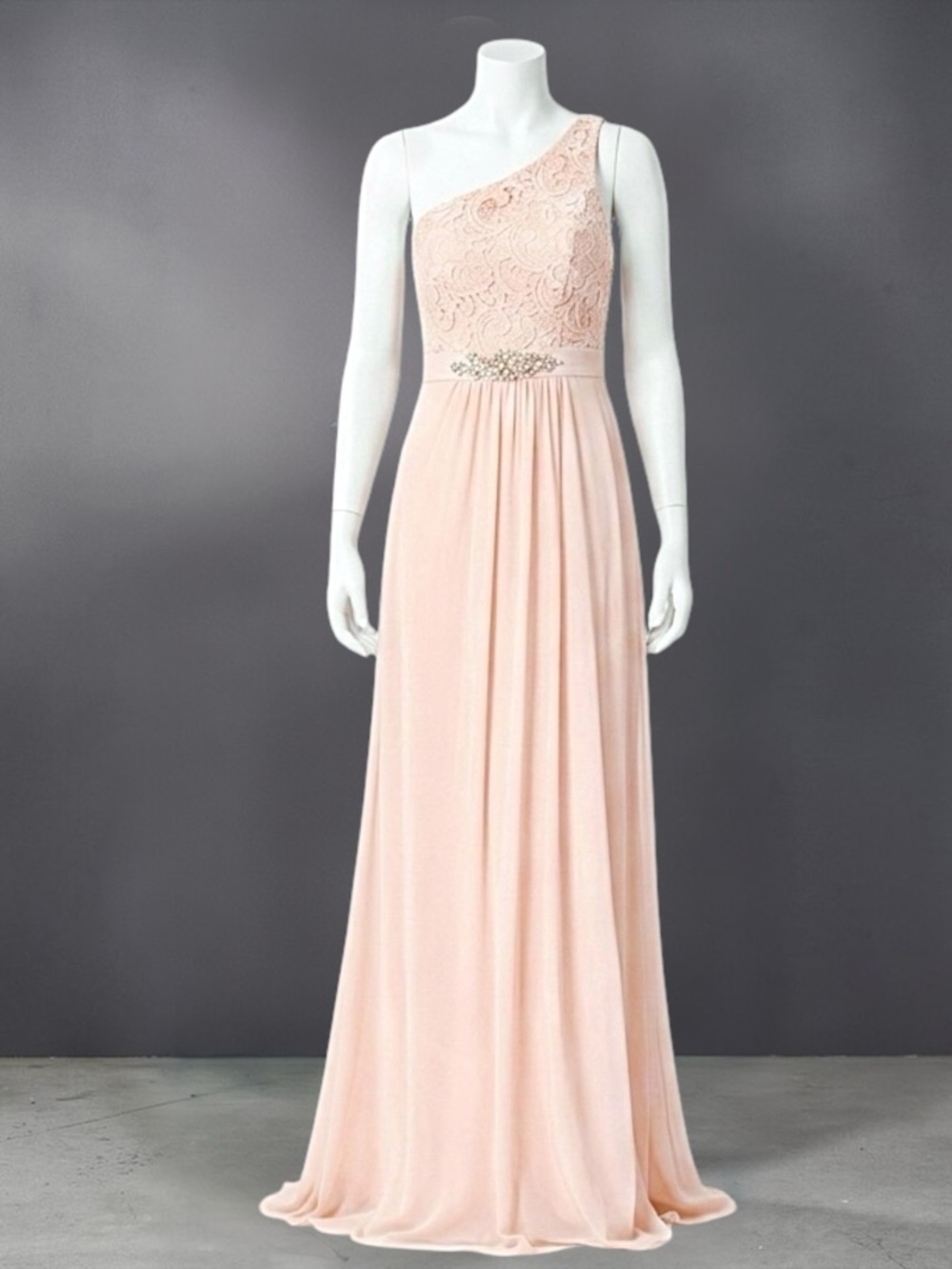 Adrianna Papell Blush Lace Crystal Embellished One-Shoulder Formal Gown - Picture 10 of 12